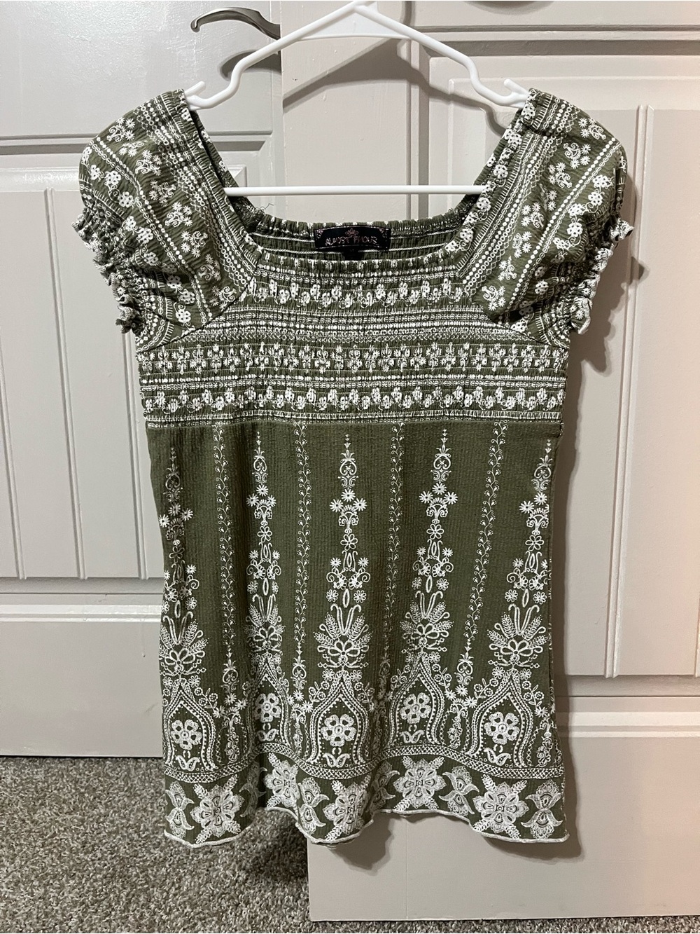 Almost Famous Olive Green Smocked Floral Crop Top